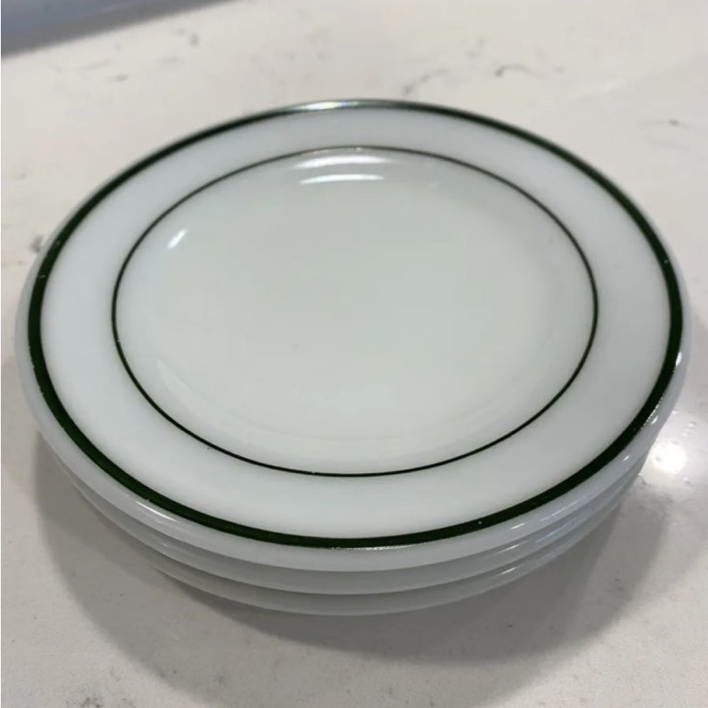 3 Pyrex Corning Double‎ Tough Milk Glass Double green Stripe Coffee Saucer Dish